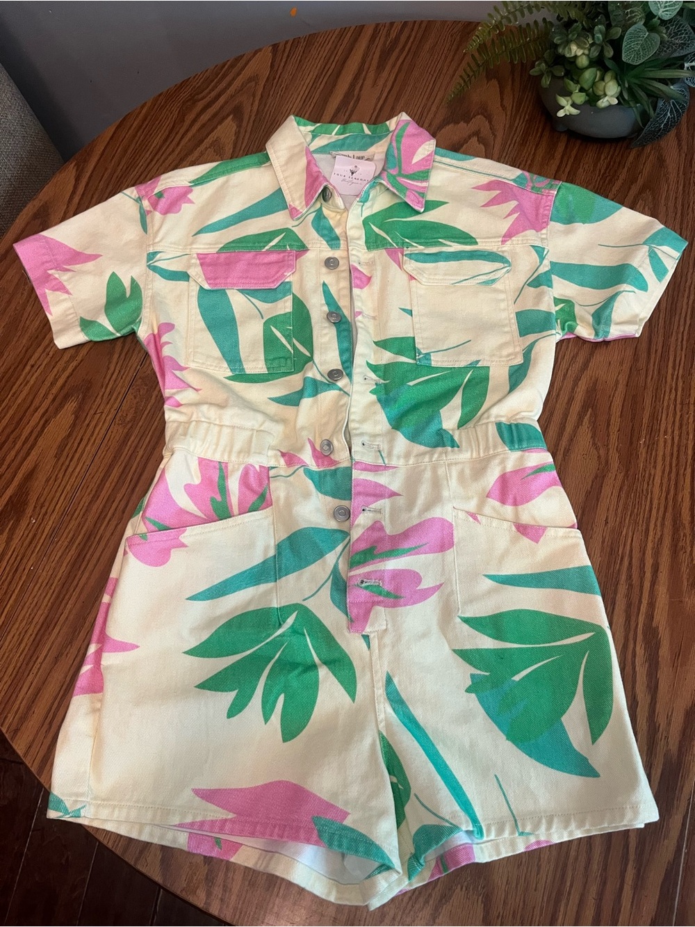 Peach Love California Cream Romper with Green & Pink Tropical Print - Picture 2 of 3